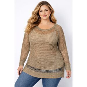 Jessica London Sweater Women 22/24 Golden Metallic Open Knit Mesh Long Sleeve